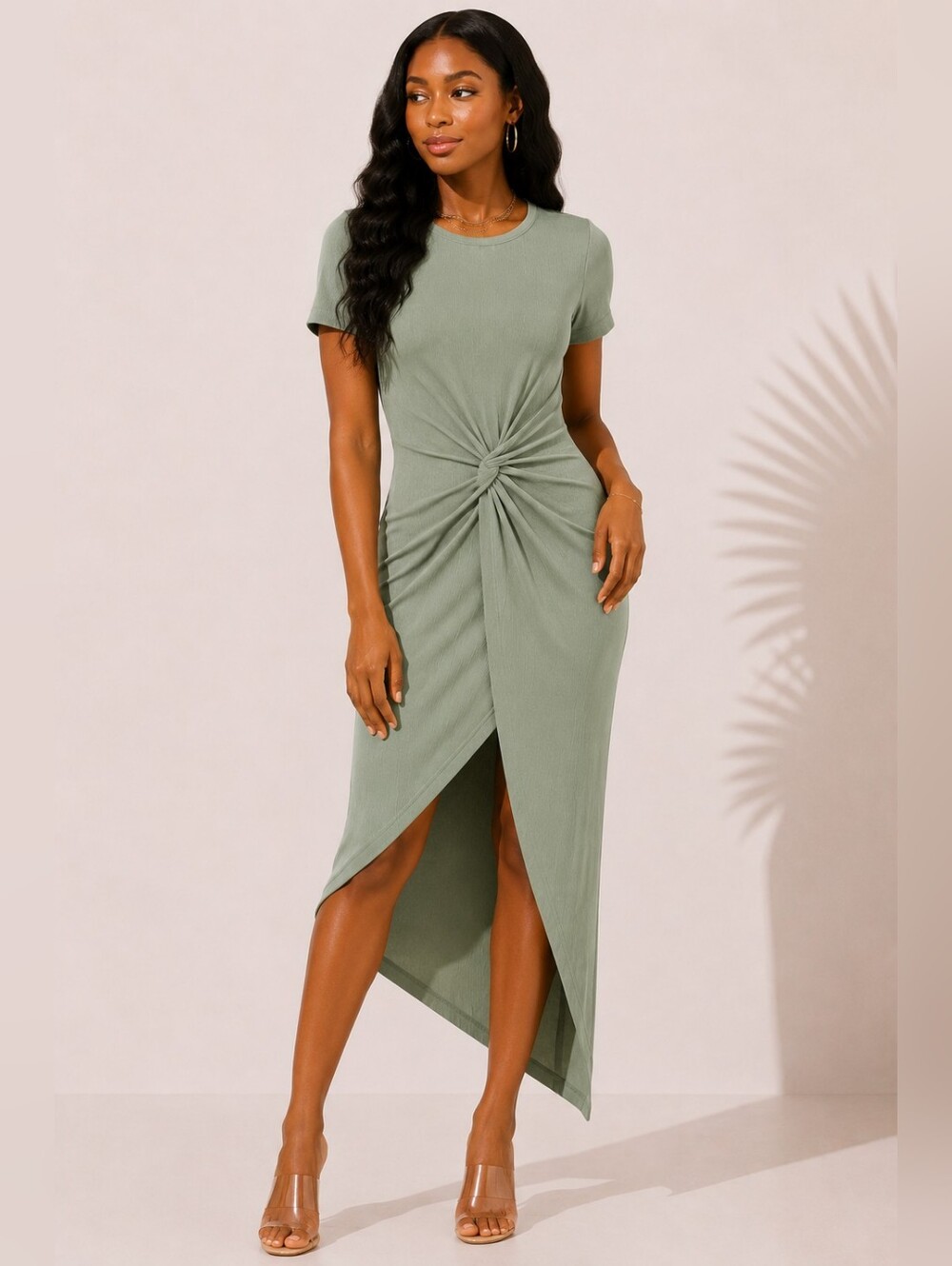Sage Green Twist Front Midi Dress Asymmetrical Hem Ruched Short Sleeve Size M